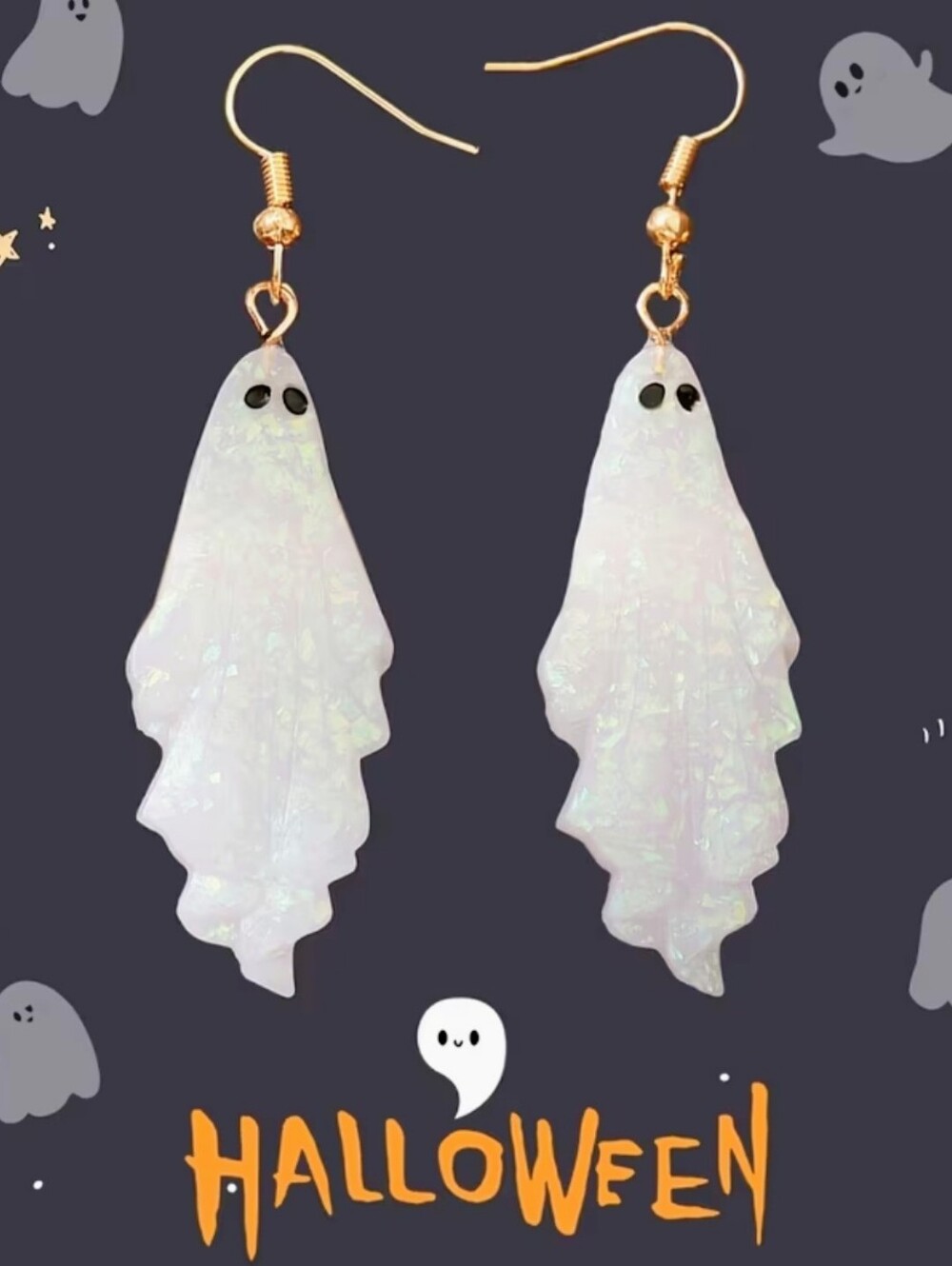 NWT* Ghost, White, Gold Dangling, Hanging Earrings. Halloween *NEW
